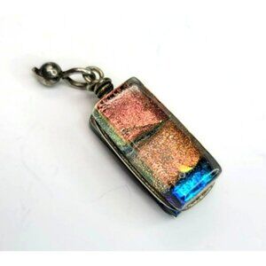 Vintage Silver Glass Pendant Wire Wrapped Glass Foil Rectangular Bead CT29